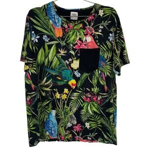 Zara Allover Multicolor Parrot Tropical Print Floral One Pocket Tee Shirt